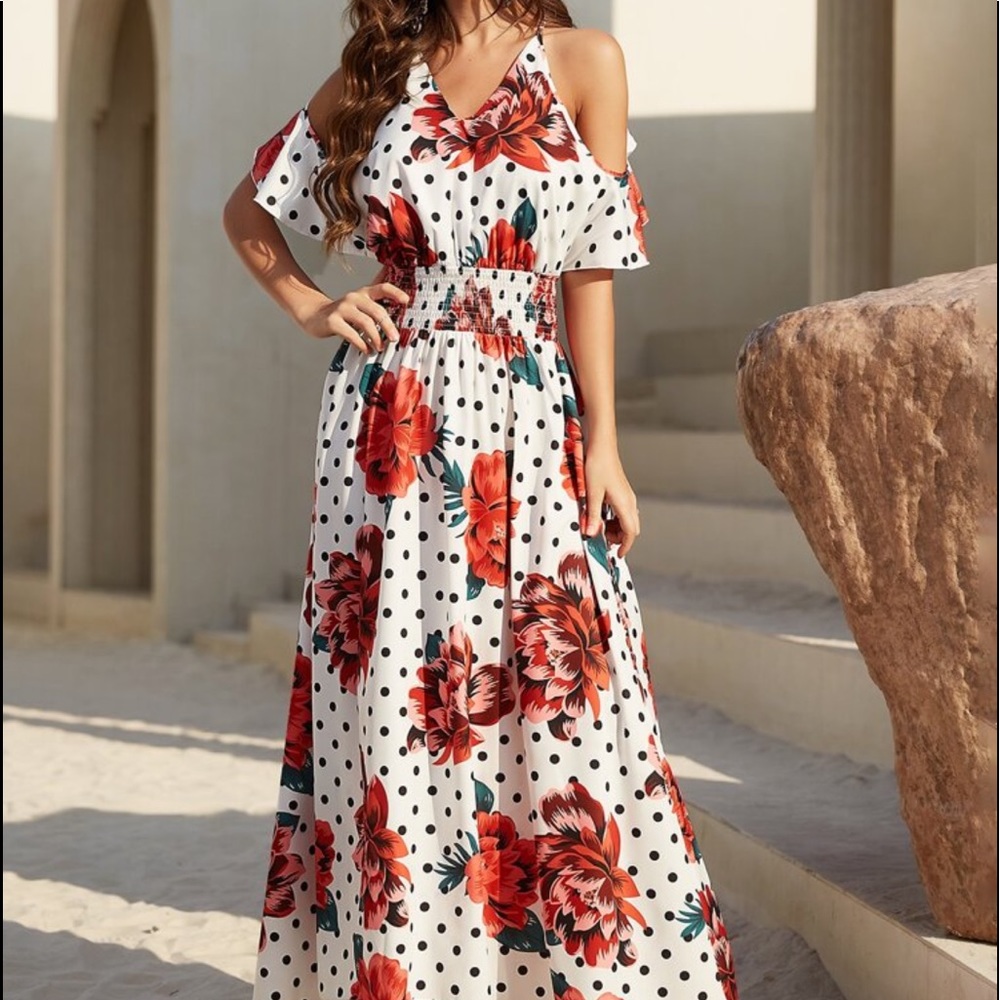 Polka Dot Floral Print Cold Shoulder Shirred Backless Cottagecore Maxi Dress - Picture 7 of 11